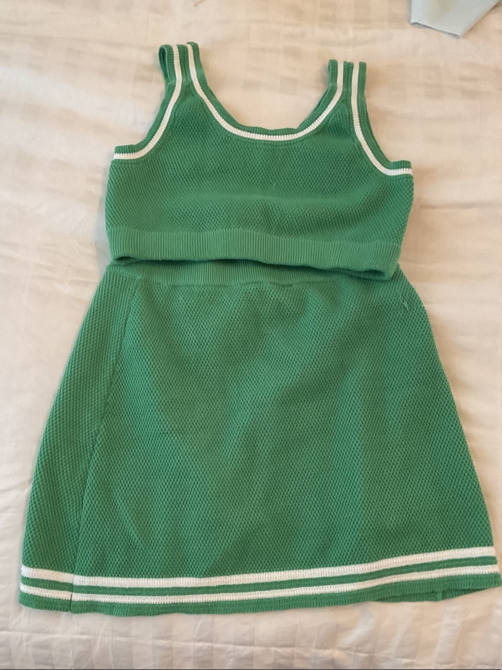 Women’s yoga Green Knit Tank top skirt set  with White Stripes
